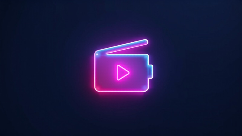Glowing video camera and clapperboard — content and media production
