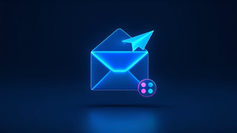 Glowing envelope with paper plane and color palette — email marketing and branding